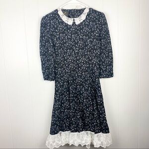 Vintage Black Floral Dress with White Lace Detail